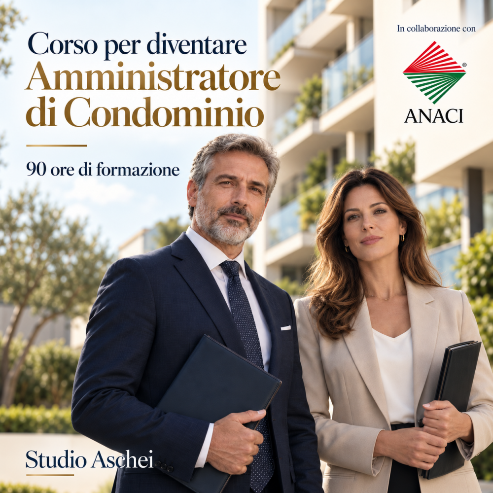 Immagine promozionale per il corso Studio Aschei e Anaci per diventare amministratore di condominio. CI sono due amministratori di condominio che hanno partecipato al corso precedente, un uomo e una donna.